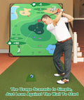 Ultimate 70 By 70 Inch Golf Chipping Game Mat For Indoor And Outdoor Practice with man preparing to chip in living room