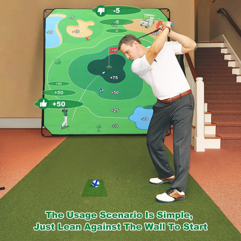 Ultimate 70 By 70 Inch Golf Chipping Game Mat For Indoor And Outdoor Practice with man preparing to chip in living room