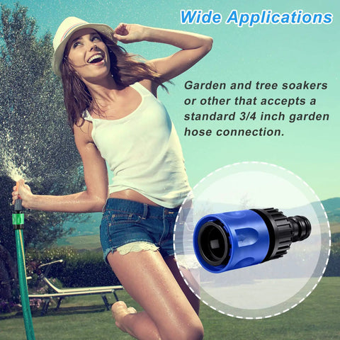 Woman watering garden with hose; 16 Piece Garden Hose Quick Connector Set Three Quarter Inch Plastic Fittings For Male And Female Ends With Faucet Adapters And 10 Rubber Gaskets Ultra Handy No Fuss Kit For Easy Leak Free Watering And Quick Repairs