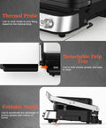 Cattleman 1600W Panini Press Grill And Sandwich Maker With Removable Plates, 6 In 1 Indoor Contact Grill showing thermal probe and drip tray.