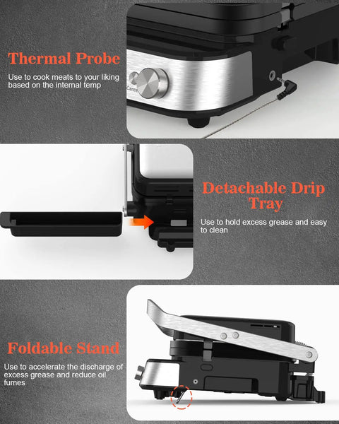 Cattleman 1600W Panini Press Grill And Sandwich Maker With Removable Plates, 6 In 1 Indoor Contact Grill showing thermal probe and drip tray.