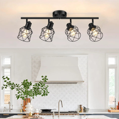 Four Light Semi Flush Mount Ceiling Light With Dope Rotatable Track Heads And Metal Cage Adjustable Arm Design in kitchen setting