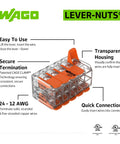 Lever Nuts Splicing Connector Kit, 10-Channel With Operating Levers, For Solid And Stranded Conductors 24-12 AWG, Transparent Housing, No-Fuss Quick Connect, Reusable, Box Of 15 Pieces showing clear housing and orange levers