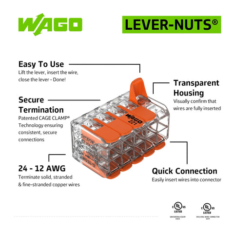 Lever Nuts Splicing Connector Kit, 10-Channel With Operating Levers, For Solid And Stranded Conductors 24-12 AWG, Transparent Housing, No-Fuss Quick Connect, Reusable, Box Of 15 Pieces showing clear housing and orange levers