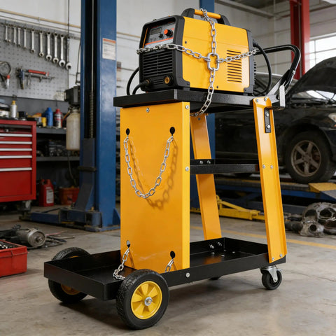 Heavy Duty Multi-Function Welder Trolley For Mig Tig Arc Plasma Cutter With Four Drawer Chest And Safety Chains Moves Effortlessly Across Workshop Floors No Sweat with a welder secured on top.