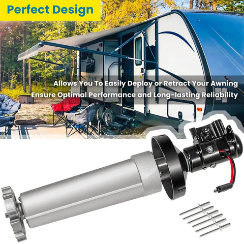 Rock Solid Right Hand Torsion Assembly For Power Patio RV Awning Motor 12V DC Extension Drive Black Drop In Replacement fits 910 915 916 917 Series close-up.
