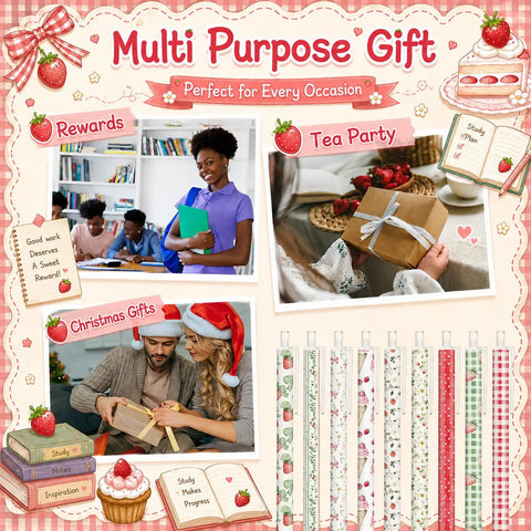 Collage showing 108 Pink Strawberry Themed Retractable Ballpoint Pens Bulk Set With 9 Styles, gifts, and holiday scenes.
