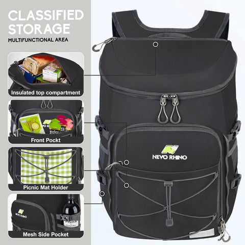 Beast Mode Backpack Cooler Keeps Drinks Ice Cold For Twenty Hours With Hella Leakproof Seals For Hiking Summer Travel Beach Outings Or Weekend Getaways In Durable Black with multifunctional storage pockets.