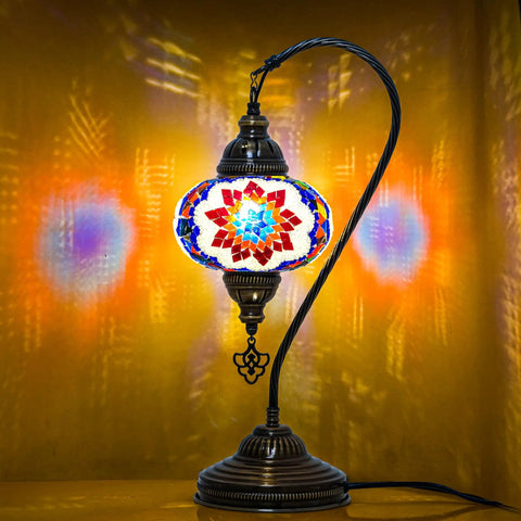 Turkish Mosaic Table Lamp With Built In LED Bulb Hand Cut Glass Mosaics Moroccan Gooseneck Design Tall 45 Cm Lit Accent Light For Living Room