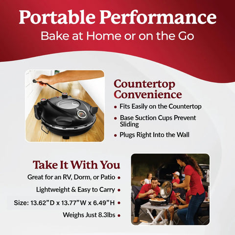 Indoor Electric Pizza Oven With Ceramic Stone For Crispy Crust Pizza Fast Home Pies In Under Six Minutes On A Countertop Up To 800 Degrees Fahrenheit With Dual Heat Control Includes Peels And Scraper shown on a countertop.