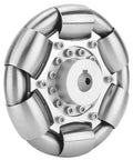 Front view of a 100mm stainless steel omni wheel with eight rollers around a central hub