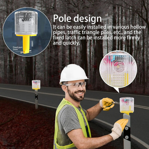 Worker installing Solar Powered 360 Degree Strobe Warning Light With Auto On Off For Construction Sites on roadside pole