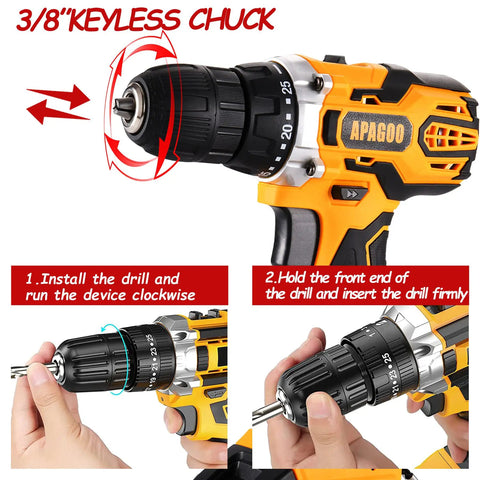 Close-up of 20V Cordless Drill Kit with 30-Piece Bit Set, showing 3/8 inch keyless chuck and usage instructions.
