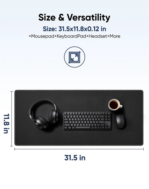 Oversized Gaming Mouse Pad With Durable Stitched Edges And Non Slip Rubber Base For Home Office And Gaming Setups 31.5 Inches By 11.8 Inches Desk Mat Keyboard Mat shown with keyboard and headphones