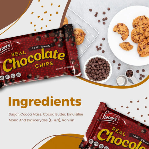 Vegan Semi Sweet Real Chocolate Chips For Baking Three 9 Oz Bags Gluten Free Dairy Free Kosher Parve Low Calorie Chips packaging.