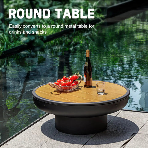 32 Inch Fire Pit Table With Lid Heavy Duty Deep Fire Bowl For Outdoor Wood Burning Grill And Patio Bonfire Perfect Backyard Party Portable Weatherproof Cover Included as a round table with drinks