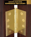 Solid Brass Door Hinge Set Built To Last Heavy Duty Ball Bearing Polished Gold 4x4 Inch with Decorative Screw On Tips Open
