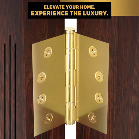 Solid Brass Door Hinge Set With Heavy Duty Ball Bearing 4x4 Inch Polished Shiny Gold Finish Decorative Screw On Tips Included Durable Hardware For Heavy Doors Set Of 3 Hinges