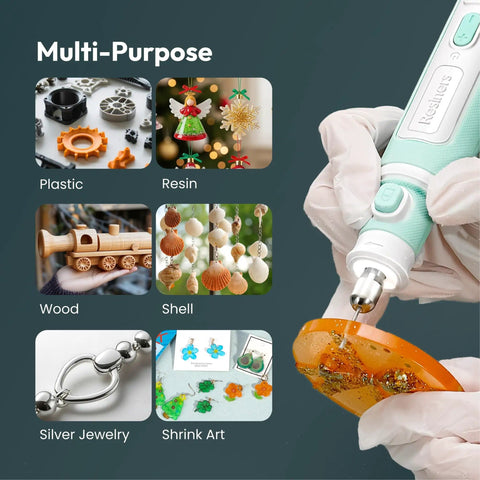 Pro Grade Cordless Resin Drill Pen Kit With 8 Speed Adjustable Rotary Tool, shown drilling resin for multi-material crafting
