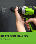 Person using Beast 24V Brushless Half Inch Hammer Drill Kit With Metal Chuck, 530 In-Lbs Torque, drilling into concrete wall.