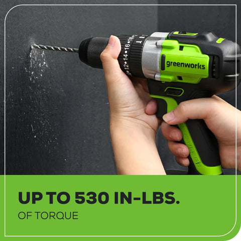 Cordless Hammer Drill With Brushless 24V Power One Half Inch Capacity 530 Inch Pounds Torque 4 Ah Battery And Charger Included Model DDG402 Perfect For Home Projects DIYers And Pros Who Want Serious Torque And Long Run Time in use drilling wall