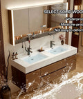 Top Shelf Floating Double Sink Vanity With Smart Led Defog Mirror And Slate Countertop Walnut Wall Mounted Bathroom Cabinet features ceramic basins and storage.