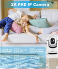 Children lounging on a sofa with a 2K Pan Tilt Indoor Security Camera With AI Motion Detection And 2 Way Audio For Round The Clock Home Surveillance Color Night Vision Pet Baby Monitor With Phone App Built In Siren Cloud And TF Storage displayed in front.