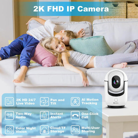 Children lounging on a sofa with a 2K Pan Tilt Indoor Security Camera With AI Motion Detection And 2 Way Audio For Round The Clock Home Surveillance Color Night Vision Pet Baby Monitor With Phone App Built In Siren Cloud And TF Storage displayed in front.