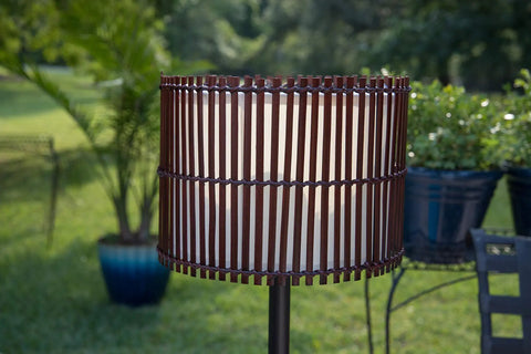 Outdoor Table Lamp With Tropical Bamboo Shade In Oil Rubbed Bronze Highlight Finish Casual Style Patio Light For Deck Or Porch 29 Inch Tall With 14 Inch Shade Diameter On Off Socket Switch displayed in garden