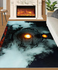 Chill Vibe Vintage Steam Train Area Rug Locomotive Engine Carpet With Retro Industrial Design For Living Room, 3x4 ft, fireplace scene
