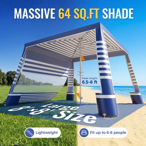 8 X 8 Ft Pop Up Beach Canopy Tent For 6 To 8 People With UPF 50 Plus Sun Protection Sidewall Wind Resistant Frame Reinforced Structure Portable Shelter With Carry Bag Easy Beach Shade on beach and grass