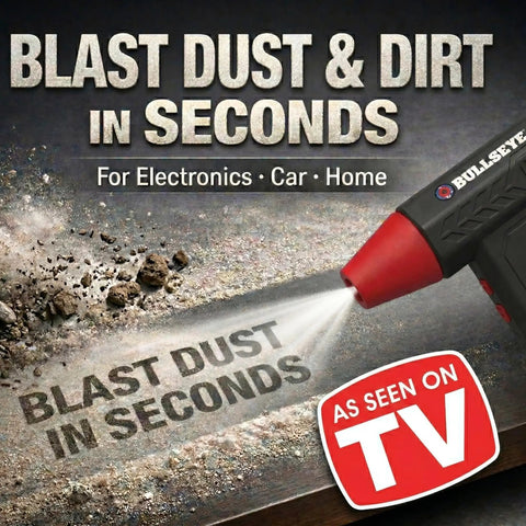 Powerful 130000 RPM Cordless Air Duster For Computers Electronics And Cars blasting dirt with 'As Seen On TV' label visible