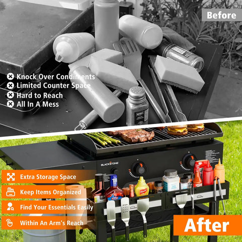 Image showing before and after using Front Griddle Caddy for 28 and 36 Inch Griddles, organizing BBQ tools and condiments neatly.