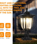 Solar Powered LED Post Light 180 Lumen Die Cast Aluminum Black Finish 3 Inch Fitter Base Pier Mount in rain