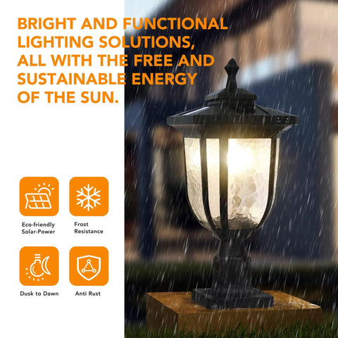 Solar Powered LED Post Light 180 Lumen Die Cast Aluminum Black Finish 3 Inch Fitter Base Pier Mount in rain