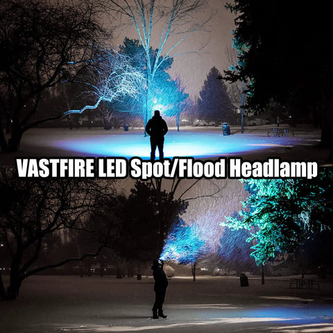 Person using rechargeable 2000 Lumen headlamp with zoomable beams at night, illuminating trees in snowy park