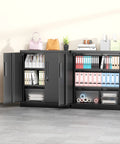 36 Inch Locking Metal Storage File Cabinet With Doors And Shelves For Office Home Gym School Kitchen Black The Workhorse For Secure Lockable Storage Of Documents And Supplies Durable Heavy Duty Steel Build showing open doors with files.