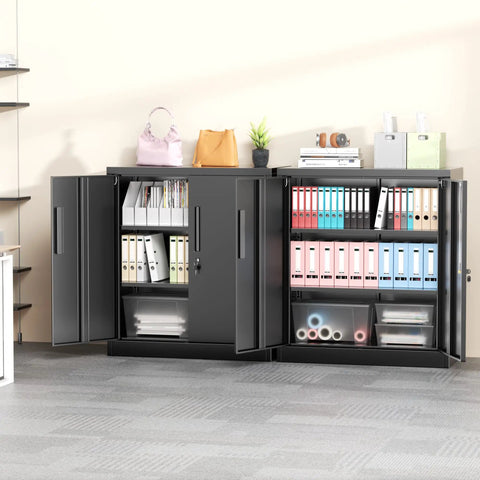 36 Inch Locking Metal Storage File Cabinet With Doors And Shelves For Office Home Gym School Kitchen Black The Workhorse For Secure Lockable Storage Of Documents And Supplies Durable Heavy Duty Steel Build showing open doors with files.