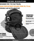 Heavy Duty Tactical Backpack For Men Waterproof Military Style Daypack With MOLLE System For Hiking Camping Travel Bug Out Bag 3 Day Pack Black Durable Gear Carrier with main compartment expanded
