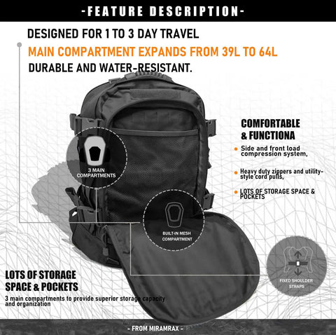 Heavy Duty Tactical Backpack For Men Waterproof Military Style Daypack With MOLLE System For Hiking Camping Travel Bug Out Bag 3 Day Pack Black Durable Gear Carrier with main compartment expanded