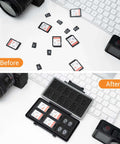 Before and after comparison of storage using Fresh Hot Pink Memory Card Wallet Slick Waterproof Storage Holder For SD And Micro SD Cards.