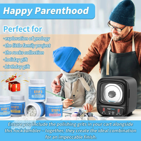 Father and child with Ultra Quiet Rock Tumbler Kit With Brushless Motor Extra Large 3 Lb Barrel Pro Grade Polisher For Adults.