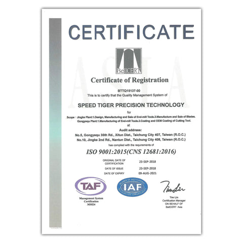 Certificate of registration for Speed Tiger Precision Technology with ISO 9001:2015 certification details.