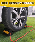 Heavy Duty Rubber Wheel Chocks For RV And Trailer 4 Pack With Rope And Reflective Strips Non Slip Grip Tire Stopper in use