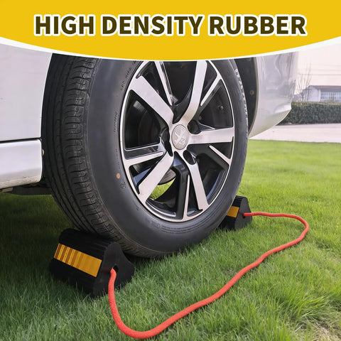 Heavy Duty Rubber Wheel Chocks For RV And Trailer 4 Pack With Rope And Reflective Strips Non Slip Grip Tire Stopper in use