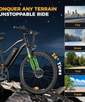 Huge 1500W Motor Electric Bike With Super Long Range And Swift Commuting Powers For Urban Rides Featuring Bold 26 Inch Tires And Heavy Duty Build For Any Terrain You Want To Crush Today, black e-bike on rocks with city, snow, trail, and travel scenes