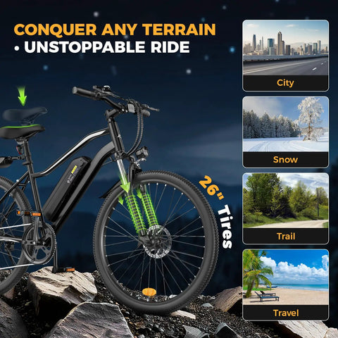 Huge 1500W Motor Electric Bike With Super Long Range And Swift Commuting Powers For Urban Rides Featuring Bold 26 Inch Tires And Heavy Duty Build For Any Terrain You Want To Crush Today, black e-bike on rocks with city, snow, trail, and travel scenes