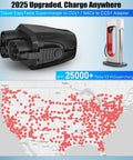 Tesla NACS To CCS1 Charger Adapter 500A 1000V beside map of Tesla Supercharger stations across North America