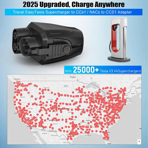Tesla NACS To CCS1 Charger Adapter 500A 1000V beside map of Tesla Supercharger stations across North America