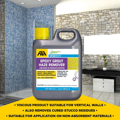 Epoxy Grout Haze Remover For Vertical Surfaces And Nonabsorbent Tiles Removes Epoxy, Urethane And Pre Mixed Grout Haze On Porcelain Ceramic Tile Glazed Quarry Tile Glass Mosaic Even Old Residue In One Quart Bottle in bathroom setting